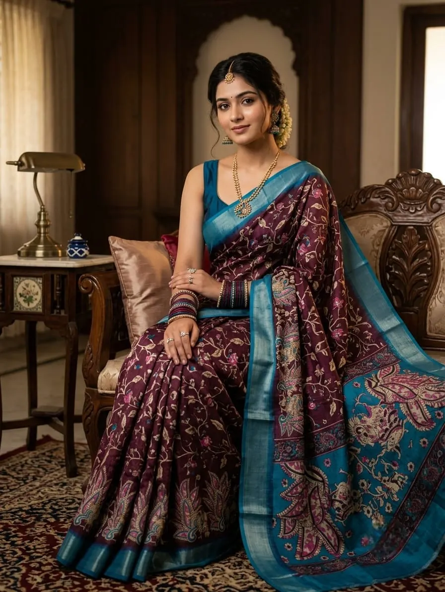 Wine Purple Kalamkari Floral Vine Print Linen Cotton Saree